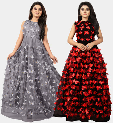 DECOFIN Flared/A-line Gown(Grey, Red)