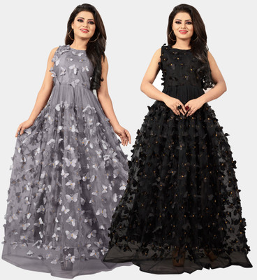 DECOFIN Flared/A-line Gown(Grey, Black)