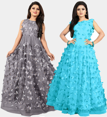 DECOFIN Flared/A-line Gown(Grey, Blue)