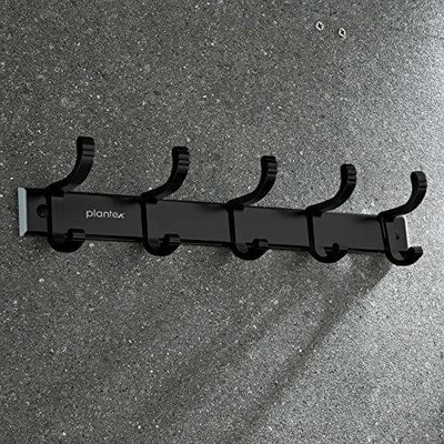 Plantex Aluminum Self Adhesive Hook Rail with Movable Hooks for Walls of Kitchen/Bathroom – Hook Rail Bar for Clothes/Towel/Keys (5 Hooks-Black) Hook Rail 5(Pack of 1)