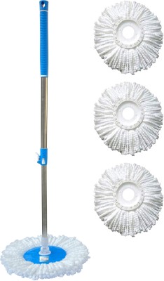 Livronic Stainless Steel and Plastic Mop Rod Stick | Mops For Floor Cleaning | 360 Degree Rotating Pole |Mop Stick Rod with Refill Set with 3 extra Refills Set with Heavy Locking System (Standard Size) Wet & Dry Mop(Blue)