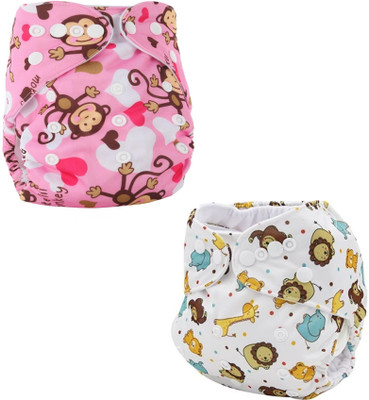 MOM'S PRIDE Printed Button Diaper Washable Baby Cloth Pocket Nappie Reusable, Waterproof, Adjustable Size for Infants(2 Diaper+ 2 Insert)