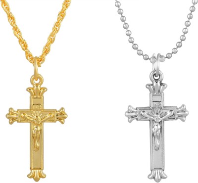 RN Gold and Silver Plated Brass, unique Sober Criss Cross Jesus Combo Locket Pendant Jewellery for Men and Women Gold-plated Alloy Pendant