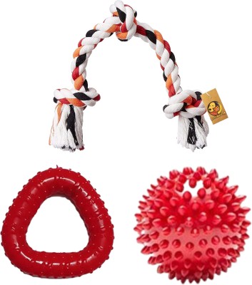 Foodie Puppies Durable Combo Pack of Cotton Rope Chew Toy and Interactive Non-Toxic Natural Rubber Dental Chew Biting Teething for Dog & Puppies (3Knot-Triangle-SpikeBall) Rubber, Jute Fetch Toy, Chew Toy, Ball For Dog