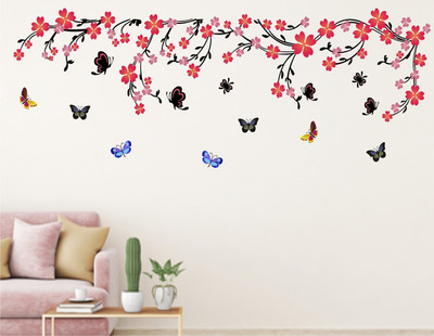Heaven Decors 154 cm Green Flower With Vine And Butterfly Self Adhesive Sticker(Pack of 1)