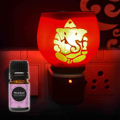 FStyler Mischief Aroma Oil Diffuser Set Electric Glossy Multipurpose Ceramic Aroma Oil Diffuser/Kapoor Dani/ 2in1 Camphor Burner with Switch (in-Built On/Off Button for Heating) Hand-Crafted Incense Burner for Home, Office, Temple, Positive Energy and Ambiance (GR-011-04) with Mischief Aroma Oil 10m