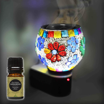 CraftQua Sandalwood Aroma Oil Diffuser Set Electric Glossy Multipurpose Ceramic Aroma Oil Diffuser/Kapoor Dani/ 2in1 Camphor Burner with Switch (in-Built On/Off Button for Heating) Hand-Crafted Incense Burner for Home, Office, Temple, Positive Energy and Ambiance (SmartB-05) with Sandalwood Aroma Oi