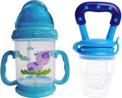 CHILD CHIC Eco-friendly Baby Water Bottle 250ml With Straw Children Kettle Drinkware with fruit feeder Nibbler (Blue)(Blue)