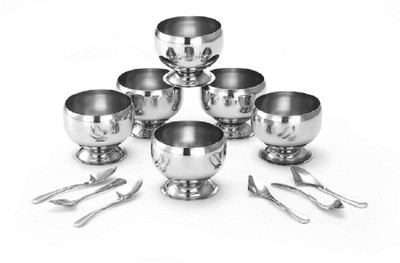 RBGIIT Stainless Steel Dessert Bowl Pack of 12 Stainless Steel 6 Pcs Stainless Steel Flower Shape Ice Cream Desert Serving Bowl with Spoons Set (Silver) Pack Of 12 Pices Dinner Set(Pack of 12, Steel)