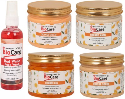 BEAUCODE BioCare Pack of-5, Orange Face and Body Gel & Cream & Scrub & Mask (500g) and Red Wine face wash (100ml)(5 Items in the set)