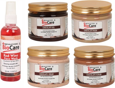 BEAUCODE BioCare Pack of-5, Chocolate Face and Body Gel & Cream & Scrub & Mask (500g) and Red Wine face wash (100ml)(5 Items in the set)