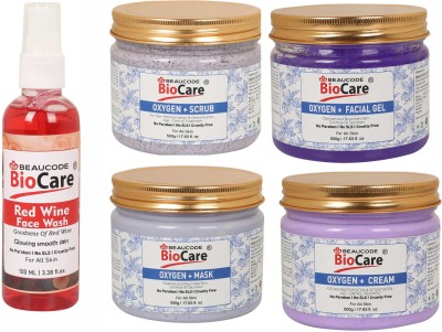 BEAUCODE BioCare Pack of-5, Oxygen Face and Body Gel & Cream & Scrub & Mask (500g) and Red Wine face wash (100ml)(5 Items in the set)