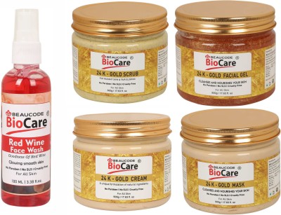 BEAUCODE BioCare Pack of-5, 24K- Gold Face and Body Gel & Cream & Scrub & Mask (500g) and Red Wine face wash (100ml)(5 Items in the set)