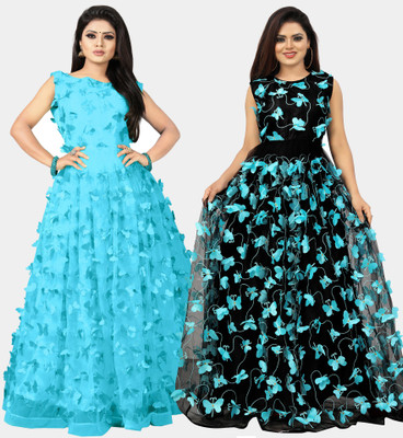 DECOFIN Flared/A-line Gown(Light Blue, Black)
