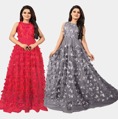 DECOFIN Flared/A-line Gown(Red, Grey)