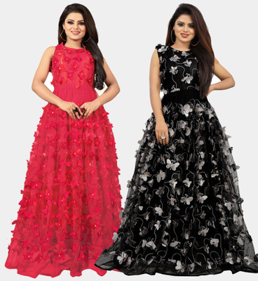 DECOFIN Flared/A-line Gown(Red, Grey)