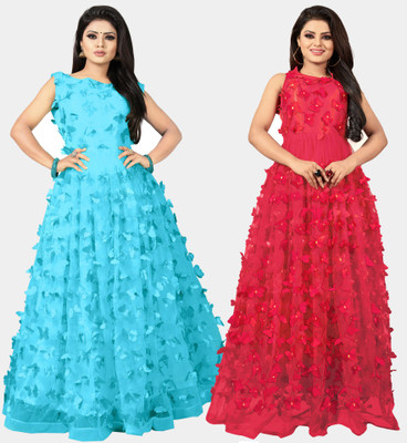 DECOFIN Flared/A-line Gown(Light Blue, Red)