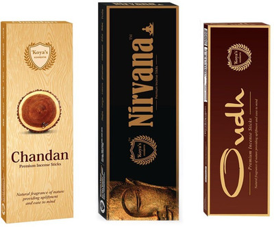 Koyas Agarbathi Chandan, Oudh & Nirvana Premium Hand Rolled Incense Sticks Combo - Pack of 3 ( Chandan & Oudh 50 gms Each and Nirvana 100 gms) Chandan, Oudh, Nirvana(10 Units, Set of 3)