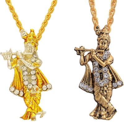 BRBRIK Gold and Antique Plated Alloy CZ, Lord Krishna ji, Radha Krishna, Combo Pendant Locket for Men and Women Gold-plated Cubic Zirconia Brass Pendant