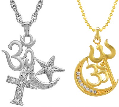 BRBRIK Gold and Silver Plated Brass CZ, All in One, Trishul Allah Moon and Om Pendant, Combo Necklace Pendant Locket for Men and Women Gold-plated Cubic Zirconia Brass Pendant