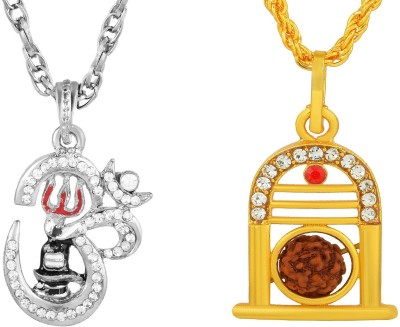 RN Gold and Silver Plated Brass CZ, Lord Shiv Symbol, Shivling with Om Trishul Rudraksha Combo Pendant Locket for Men and Women Gold-plated Cubic Zirconia Brass Pendant
