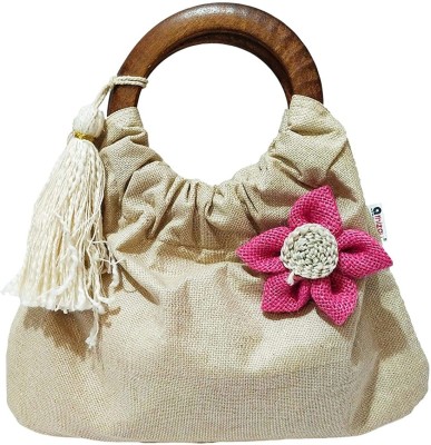 JDDCART Jute Potli bags wooden handle Pink jute flower motif Cotton tassel hanging hand carry wristlets bags for women Potli