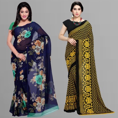 Anand Sarees Paisley, Ombre, Geometric Print, Floral Print, Checkered Daily Wear Georgette Saree(Pack of 2, Dark Blue, Black, Yellow)