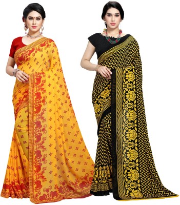 Anand Sarees Paisley, Ombre, Geometric Print, Floral Print, Checkered Daily Wear Georgette Saree(Pack of 2, Red, Black, Yellow)