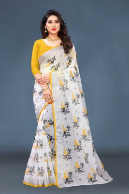 THESIYA FAB Printed Banarasi Cotton Linen, Art Silk Saree(Yellow)