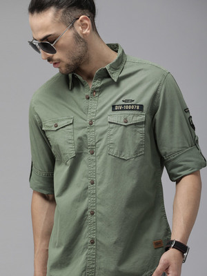 Roadster Men Printed Casual Dark Green Shirt
