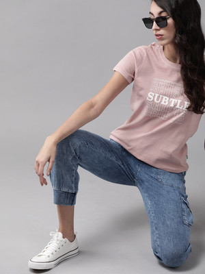 Roadster Typography Women Round Neck Pink T-Shirt