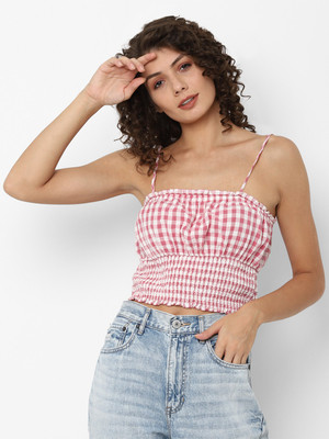 American Eagle Outfitters Casual Sleeveless Checkered Women Red, White Top