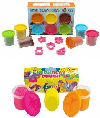 KHYATI 3 pcs of Neon Play Dough (90g each) and 6 pcs of Bright Colours Play Dough (50g each) with 5 Moulding Tools