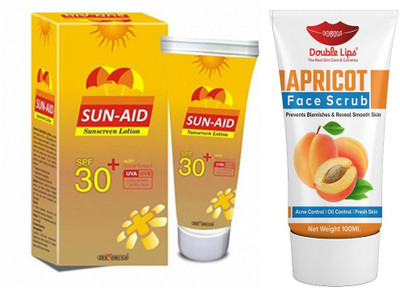 DOUBLE LIPS Face Care Apricot Scrub 100 ml+ Sun Aid Sunscreen Lotion - SPF 50+ PA+++ (100 g)(3 Items in the set) DOUBLE LIPS Face Care Apricot Scrub 100 ml+ Sun Aid Sunscreen Lotion - SPF 50+ PA+++ (100 g)(3 Items in the set)