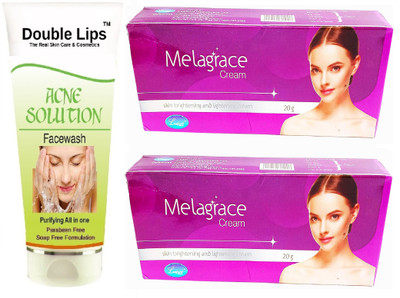 DOUBLE LIPS FACE CARE ACNE SOLUTION FACEWASH 100 ML + SKIN BRIGHTENING AND LIGHTENING CREAM(3 Items in the set)