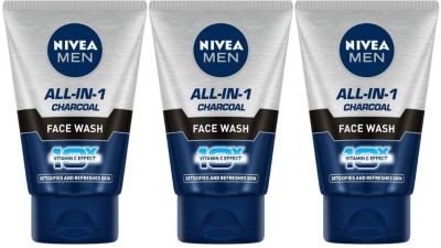 NIVEA All-IN-1 Charcoal Face Detoxifies and Refreshes Skin Wash Each 100ml Pack of 3 Face Wash(300 ml)