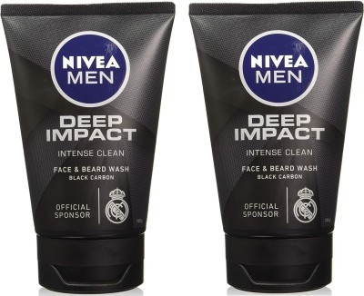 NIVEA Deep Impact Intense Clean Face & Beard Wash Black Carbon  Each 100g Pack of 2 Face Wash(200 g)