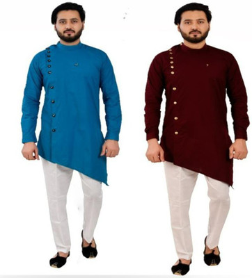 PRO ETHIC Men Solid Asymmetric Kurta(Maroon, Blue)