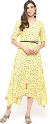 RANGRITI Women Floral Print Asymmetric Kurta(Yellow)
