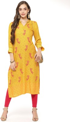 RANGRITI Women Printed Straight Kurta(Yellow)