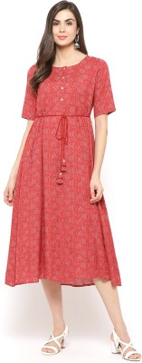 RANGRITI Women Printed Flared Kurta(Red)