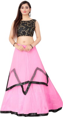 PMD Fashion Solid, Embroidered Semi Stitched Lehenga Choli(Pink, Black)