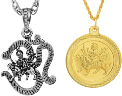 RN Gold and Silver Plated Brass, Lord Sherawali Maa Coin with Durga Om, Kaali Maa Pendant Locket for Men and Women Gold-plated Alloy Pendant