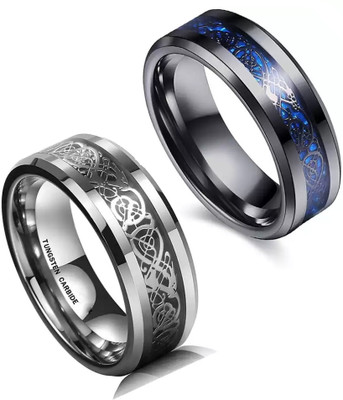 Ruhi Collection Combo of Black & Blue + Black & Silver Dragon Ring Size 18 Stainless Steel Titanium Plated Ring Set