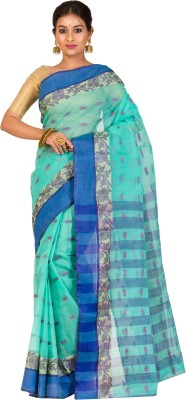 RAJ SAREE HOUSE Self Design Tant Pure Cotton Saree(Blue, Light Green)