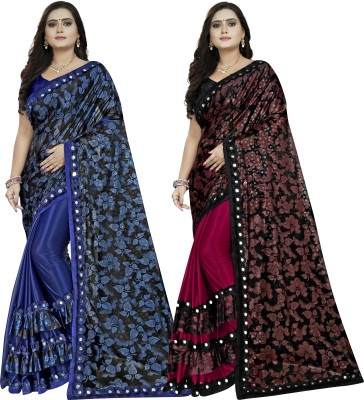 DECOFIN Floral Print Bollywood Lycra Blend Saree(Pack of 2, Red, Blue)