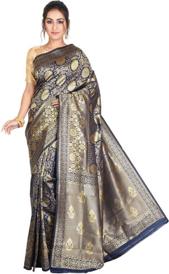 Avik Creations Self Design, Paisley, Embroidered, Woven, Applique, Floral Print Kanjivaram Silk Blend, Art Silk Saree(Dark Blue, Gold)
