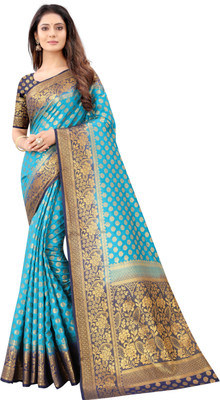 BHUVA BROTHERS Floral Print Kanjivaram Cotton Silk Saree(Light Blue)