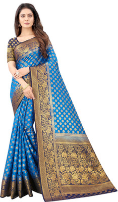 BHUVA BROTHERS Floral Print Kanjivaram Cotton Silk Saree(Light Blue)