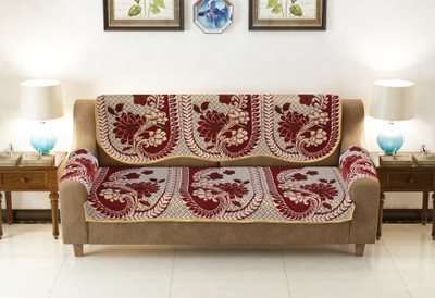 Shivkirpa Cotton Floral 3 Seater Sofa Cover(Maroon, Gold Pack of 4)